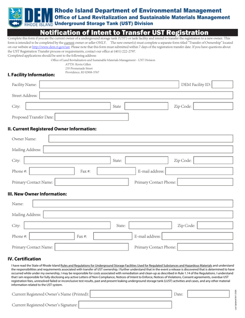 Notification of Intent to Transfer Ust Registration - Rhode Island Download Pdf