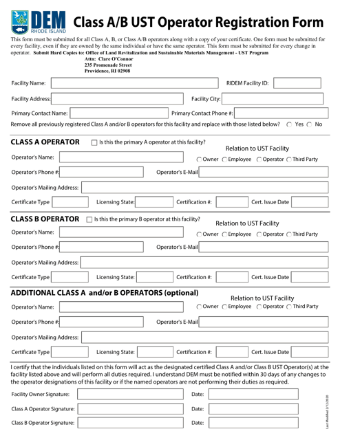Class a / B Ust Operator Registration Form - Rhode Island Download Pdf