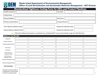 Standardized Tightness Testing Form for Usts and Product Pipelines - Rhode Island