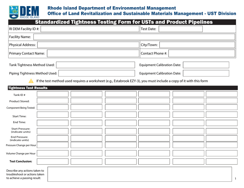 Standardized Tightness Testing Form for Usts and Product Pipelines - Rhode Island, Page 1