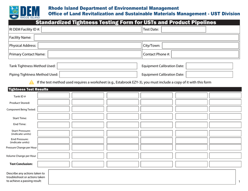 Standardized Tightness Testing Form for Usts and Product Pipelines - Rhode Island Download Pdf