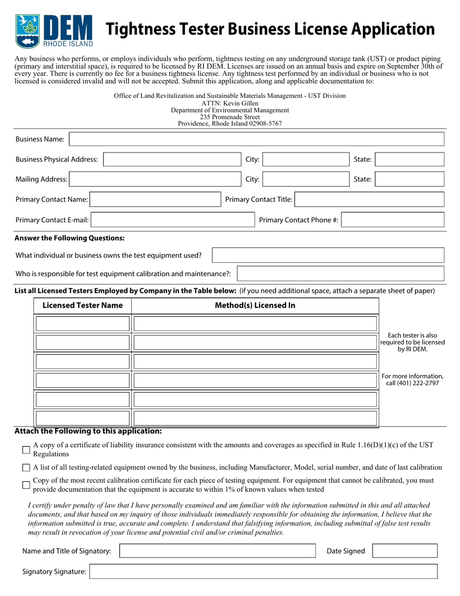 Tightness Tester Business License Application - Rhode Island, Page 1