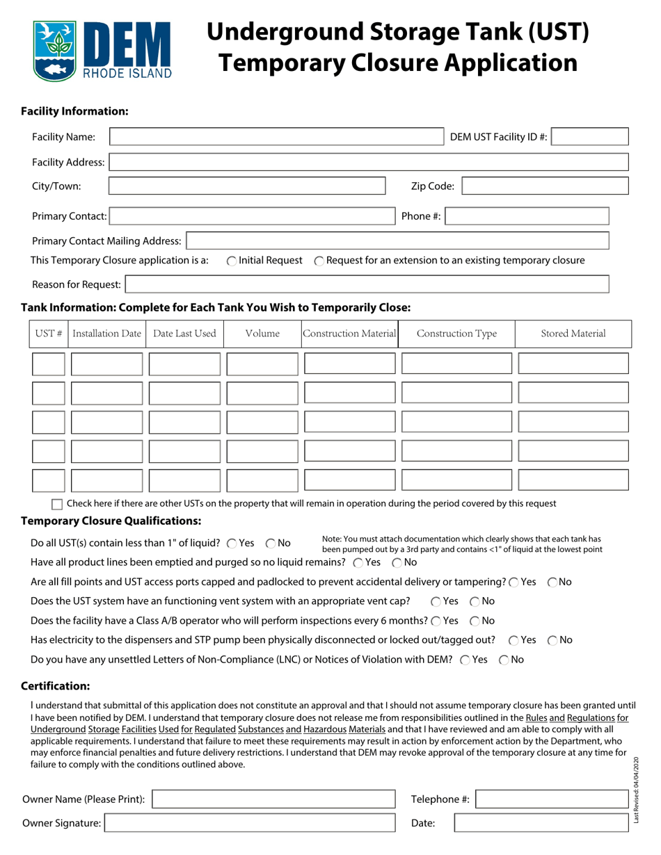 Underground Storage Tank (Ust) Temporary Closure Application - Rhode Island, Page 2