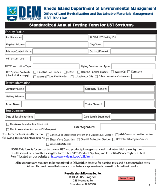 Standardized Annual Testing Form for Ust Systems - Rhode Island Download Pdf