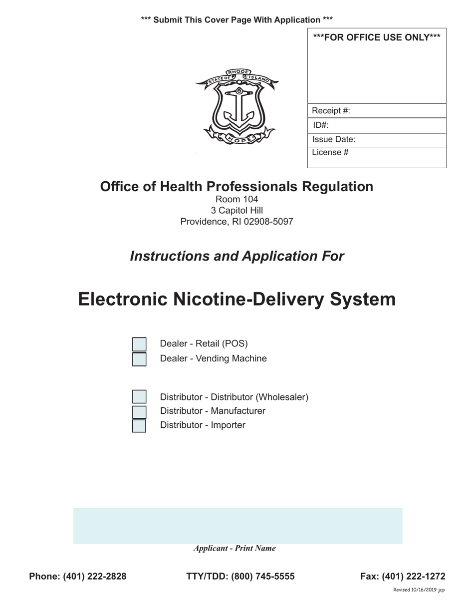 Application for Electronic Nicotine-Delivery System - Rhode Island, Page 1