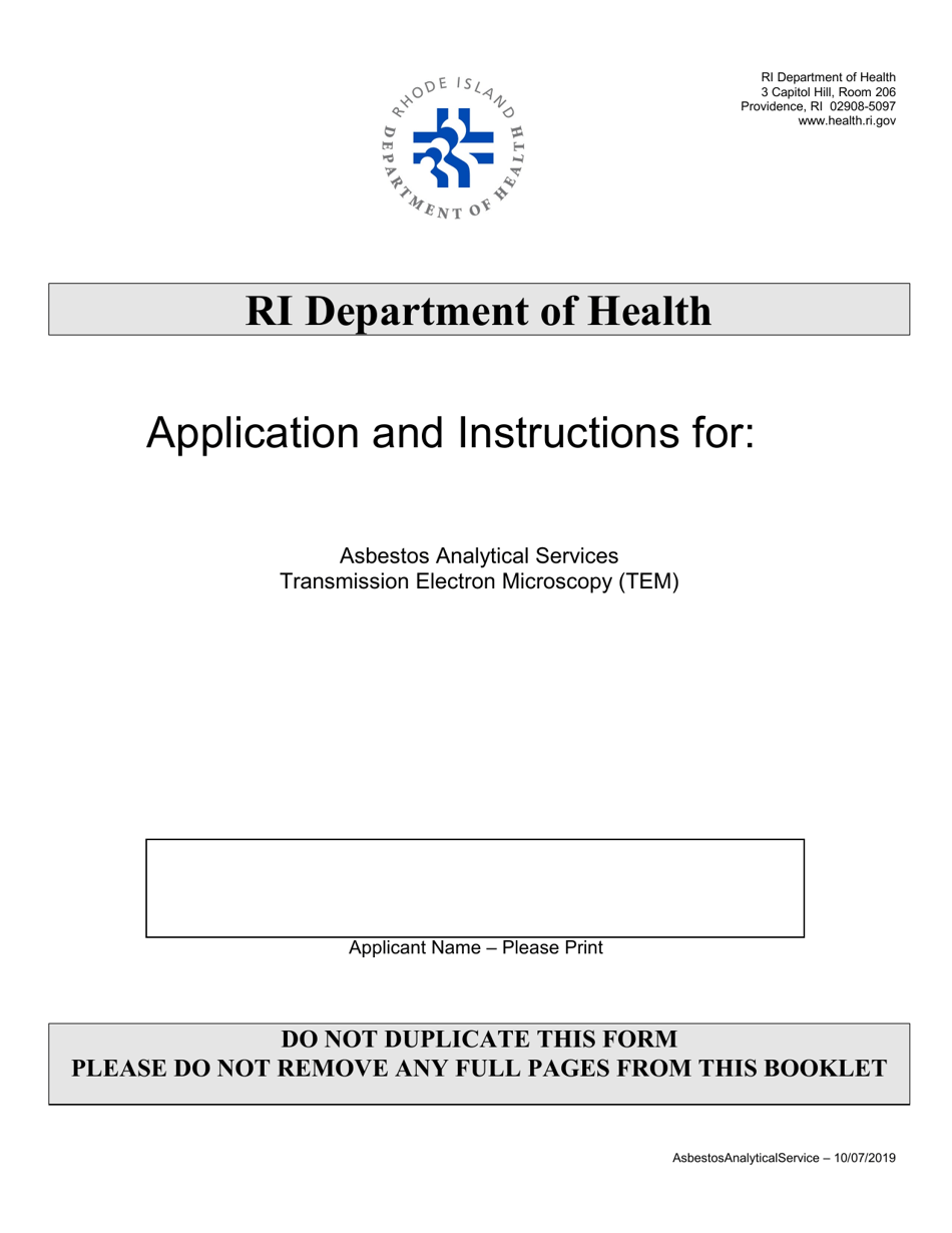 Application for Asbestos Analytical Services Transmission Electron Microscopy (TEM) - Rhode Island, Page 1