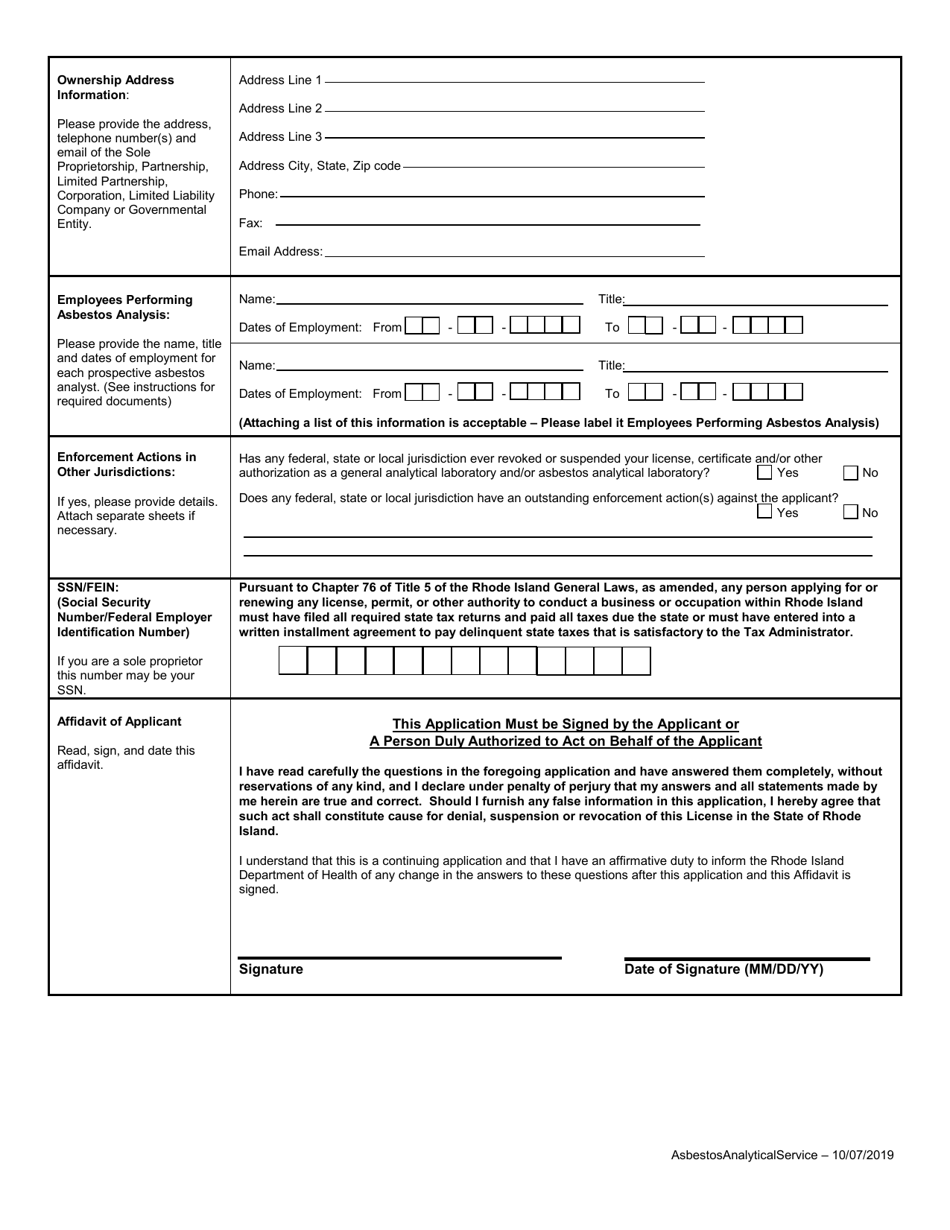 Rhode Island Application for Asbestos Analytical Services Transmission