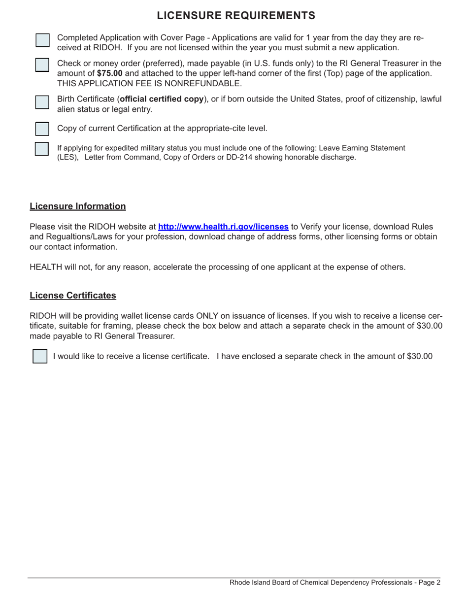 License Application for Chemical Dependency Professional / Chemical Dependency Clinical Supervisor - Rhode Island, Page 2