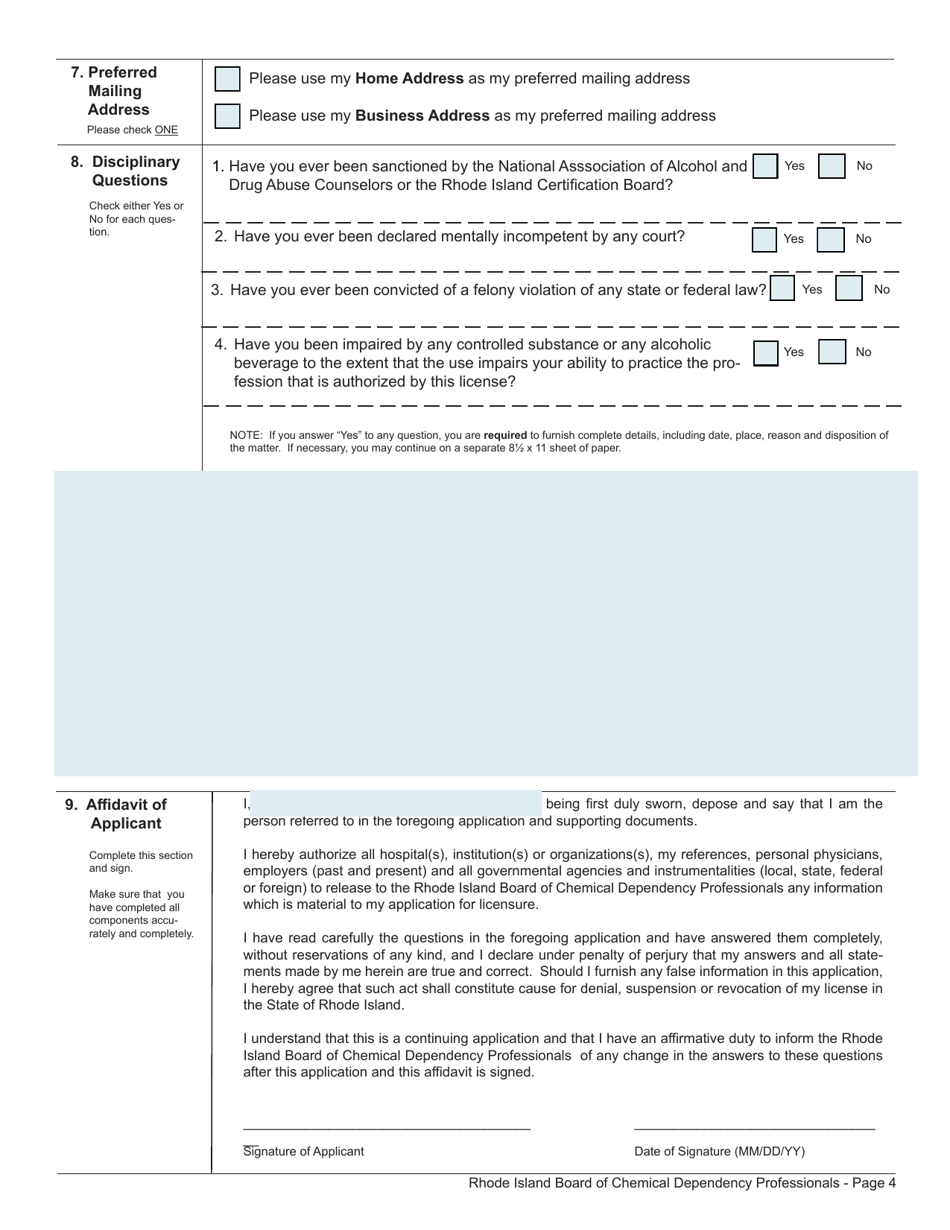 License Application for Chemical Dependency Professional / Chemical Dependency Clinical Supervisor - Rhode Island, Page 4
