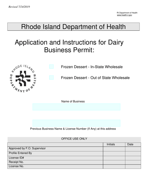 Application for Dairy Business Permit: Frozen Dessert - in-State Wholesale / Frozen Dessert - out of State Wholesale - Rhode Island Download Pdf