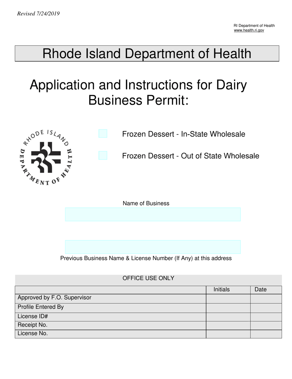 Application for Dairy Business Permit: Frozen Dessert - in-State Wholesale / Frozen Dessert - out of State Wholesale - Rhode Island, Page 1