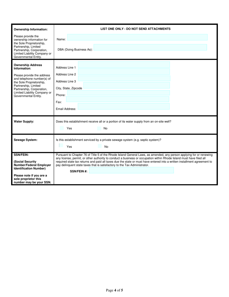 Application for Dairy Business Permit: Frozen Dessert - in-State Wholesale / Frozen Dessert - out of State Wholesale - Rhode Island, Page 4
