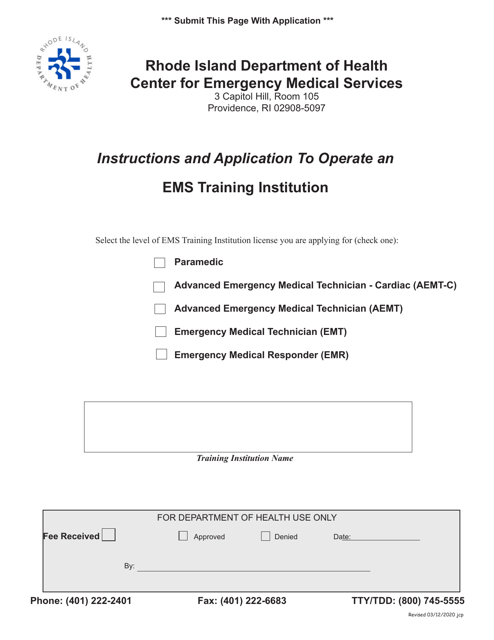 Application to Operate an EMS Training Institution - Rhode Island Download Pdf