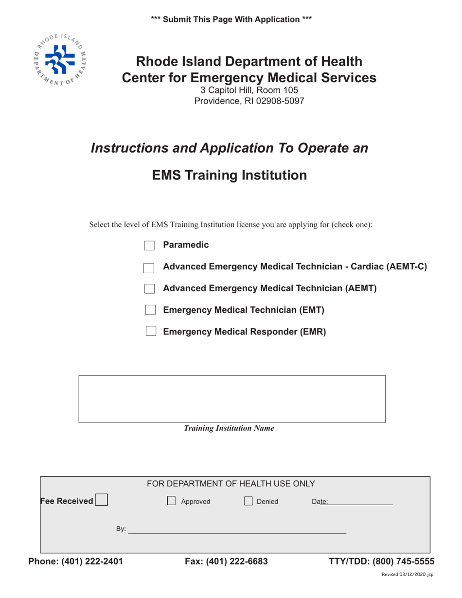 Application to Operate an EMS Training Institution - Rhode Island, Page 1