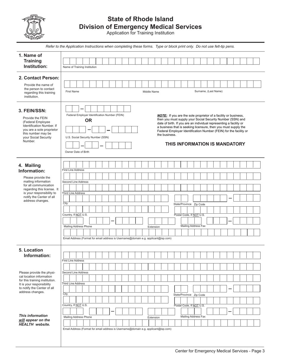 Application to Operate an EMS Training Institution - Rhode Island, Page 3