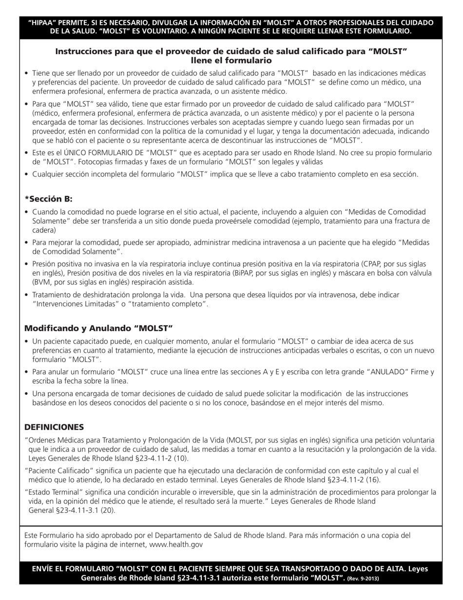 Ordenes Medicas Para Tratamiento Y Prolongacion De La Vida (Molst, Por Sus Siglas En Ingles) - Rhode Island (Spanish), Page 3