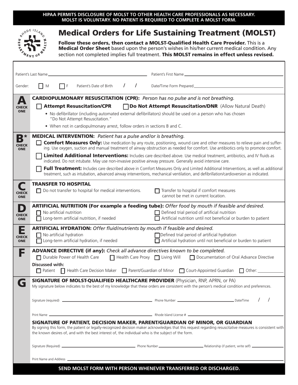 Medical Orders for Life Sustaining Treatment (Molst) - Rhode Island, Page 1