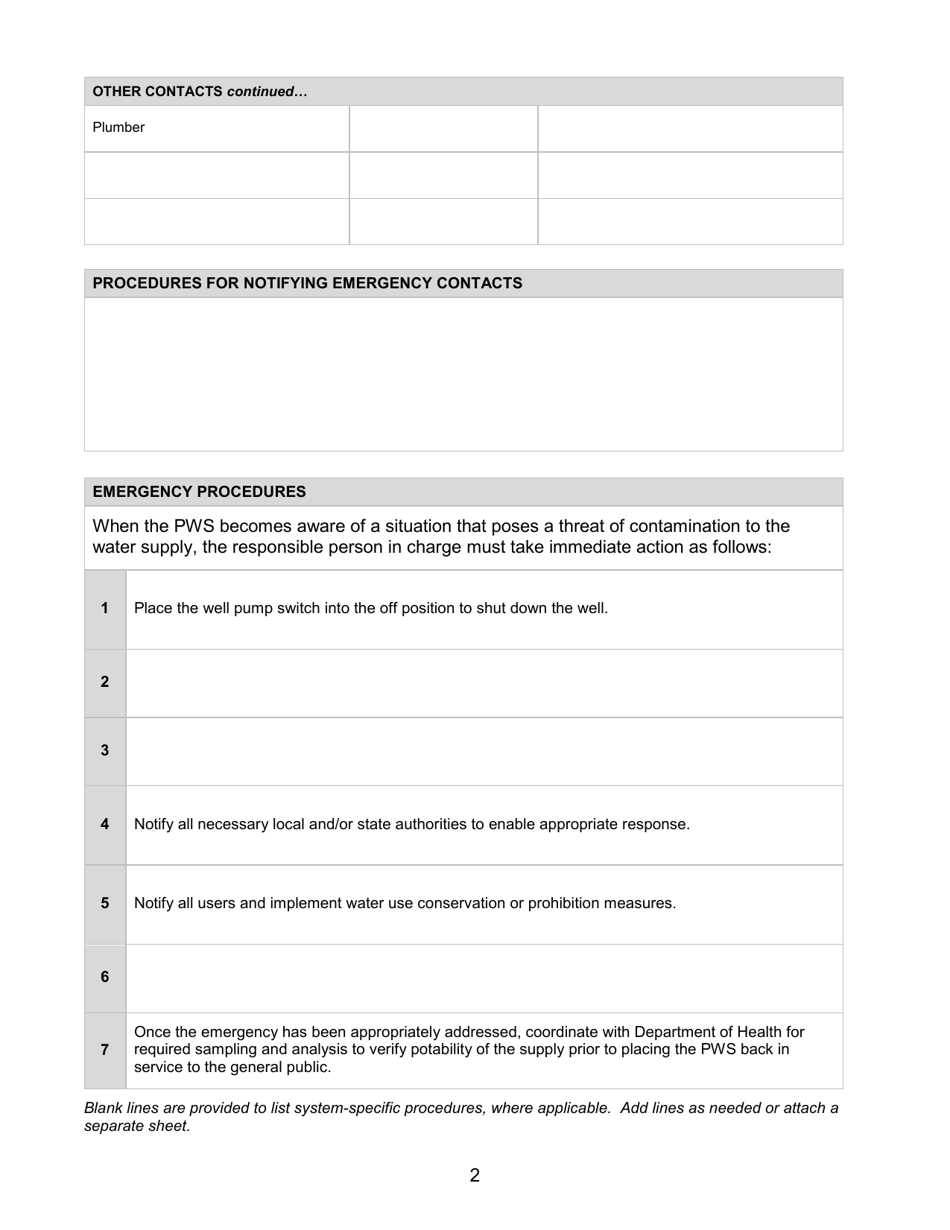 Transient Non-community Public Water System Emergency Response Plan - Rhode Island, Page 2