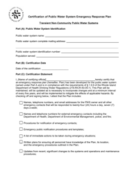 Document preview: Certification of Public Water System Emergency Response Plan - Transient Non-community Public Water Systems - Rhode Island
