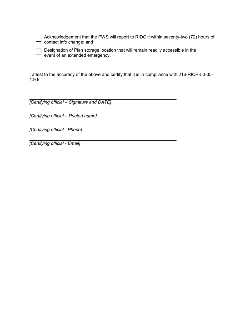Certification of Public Water System Emergency Response Plan - Transient Non-community Public Water Systems - Rhode Island, Page 2
