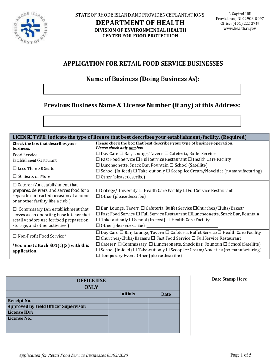Application for Retail Food Service Businesses - Rhode Island, Page 3