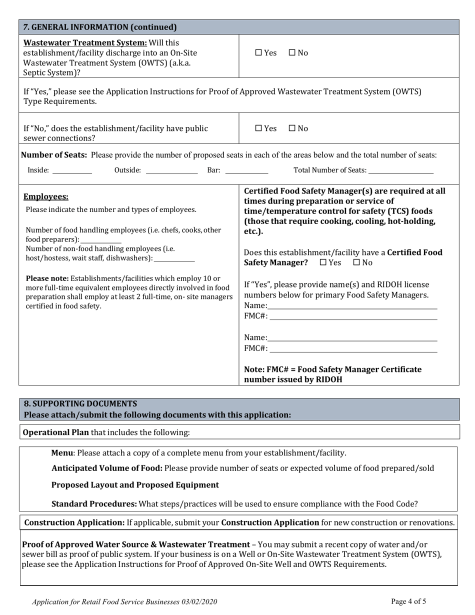Application for Retail Food Service Businesses - Rhode Island, Page 6