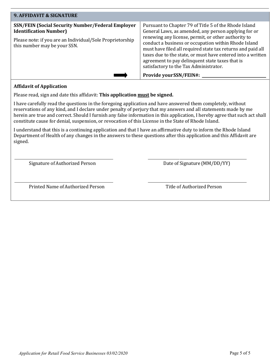 Application for Retail Food Service Businesses - Rhode Island, Page 7