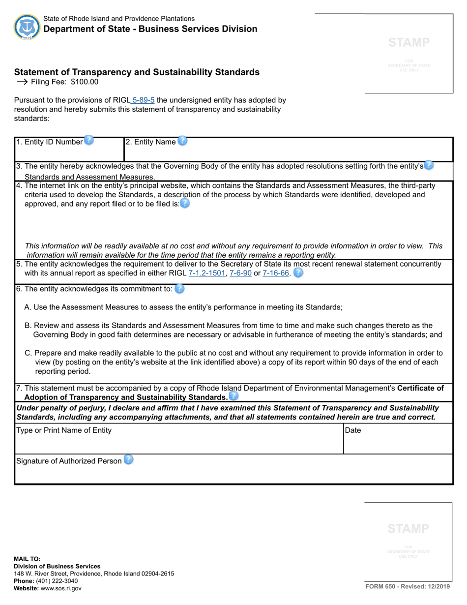 Form 650 Statement of Transparency and Sustainability Standards - Rhode Island, Page 2
