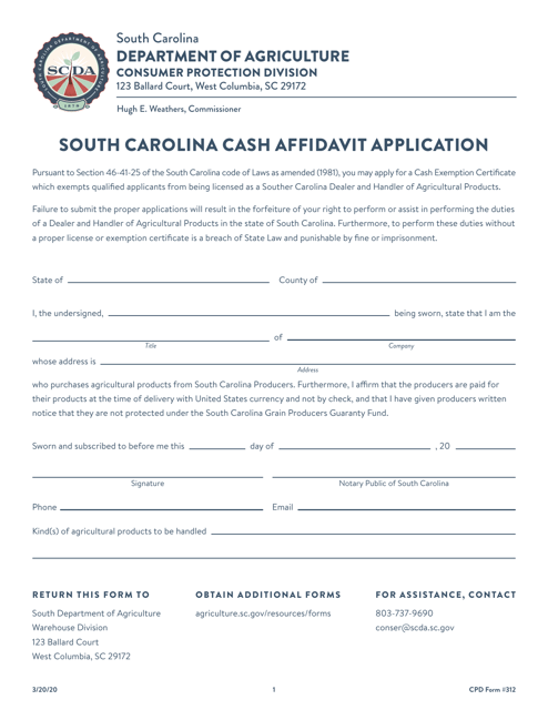 CPD Form 312 South Carolina Cash Affidavit Application - South Carolina