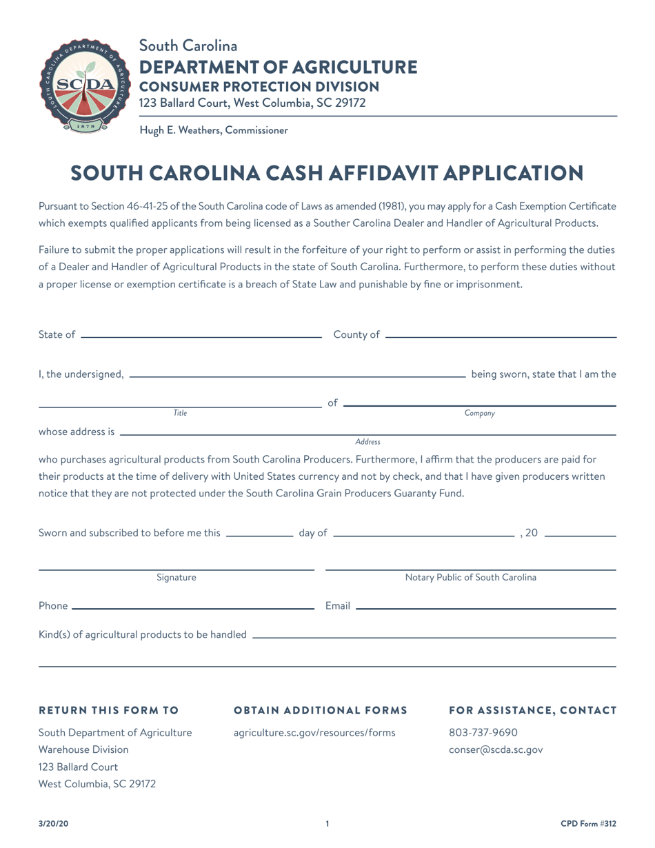 CPD Form 312 South Carolina Cash Affidavit Application - South Carolina, Page 1