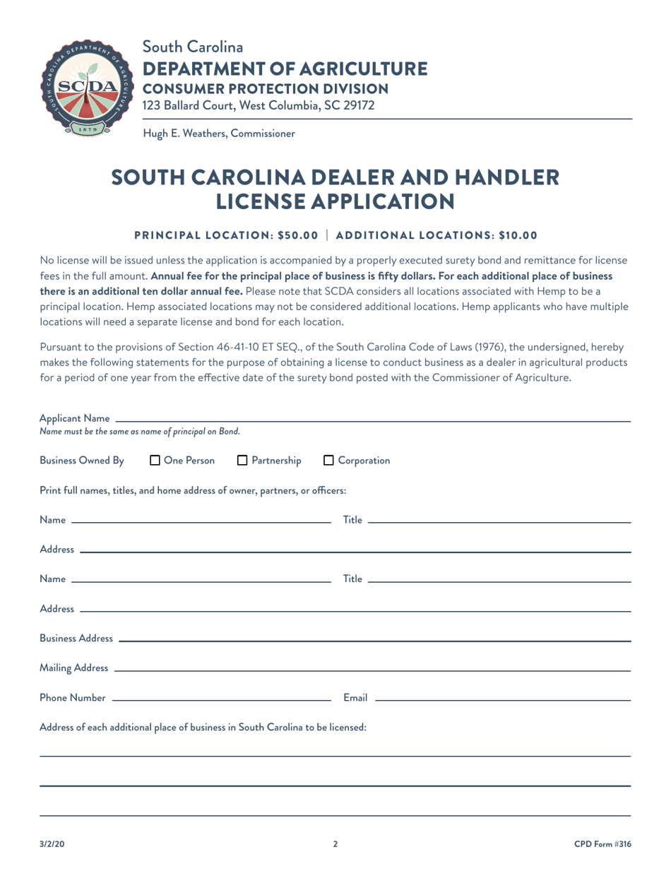 CPD Form 316 South Carolina Dealer and Handler License Application - South Carolina, Page 2