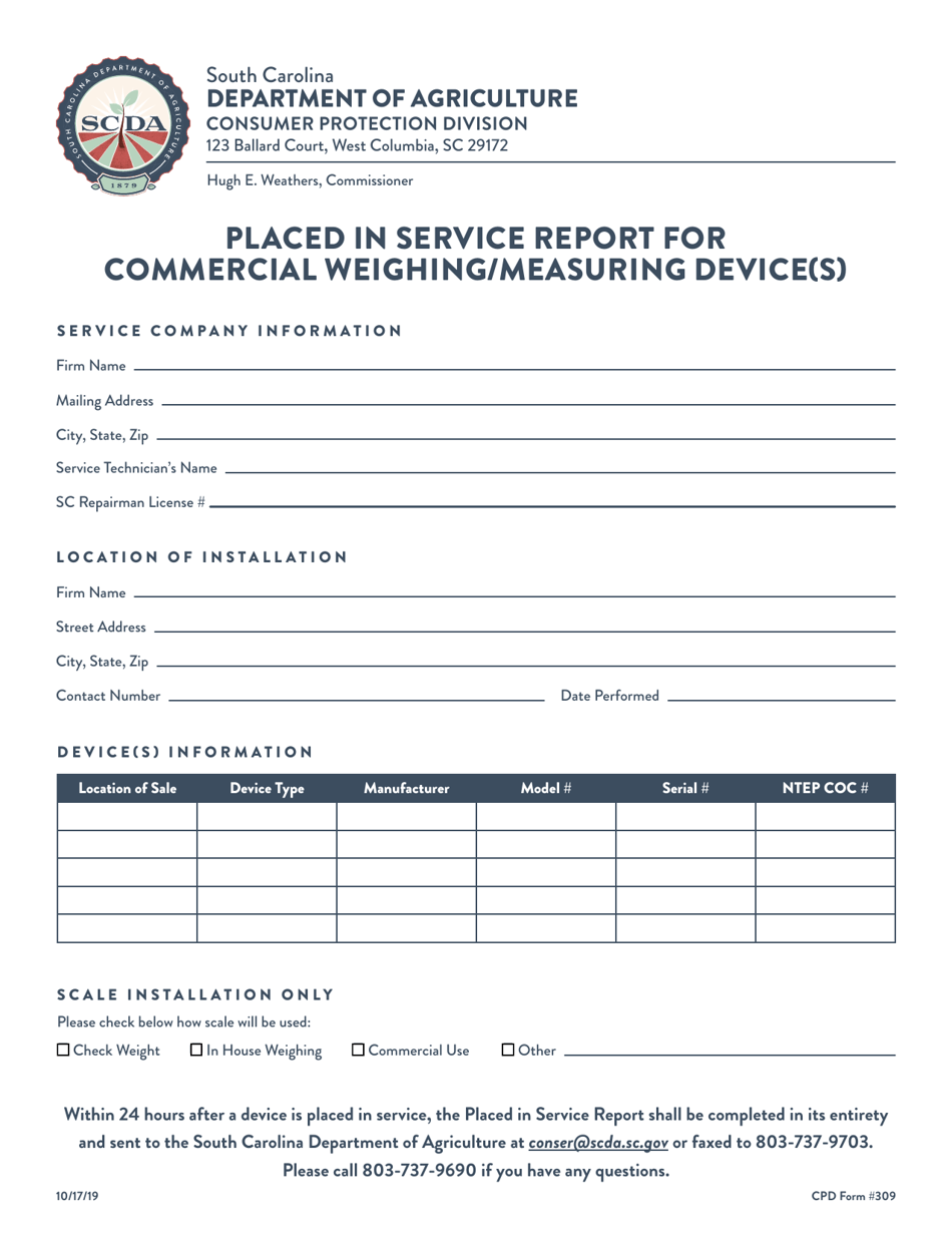 CPD Form 309 Placed in Service Report for Commercial Weighing / Measuring Device(S) - South Carolina, Page 1