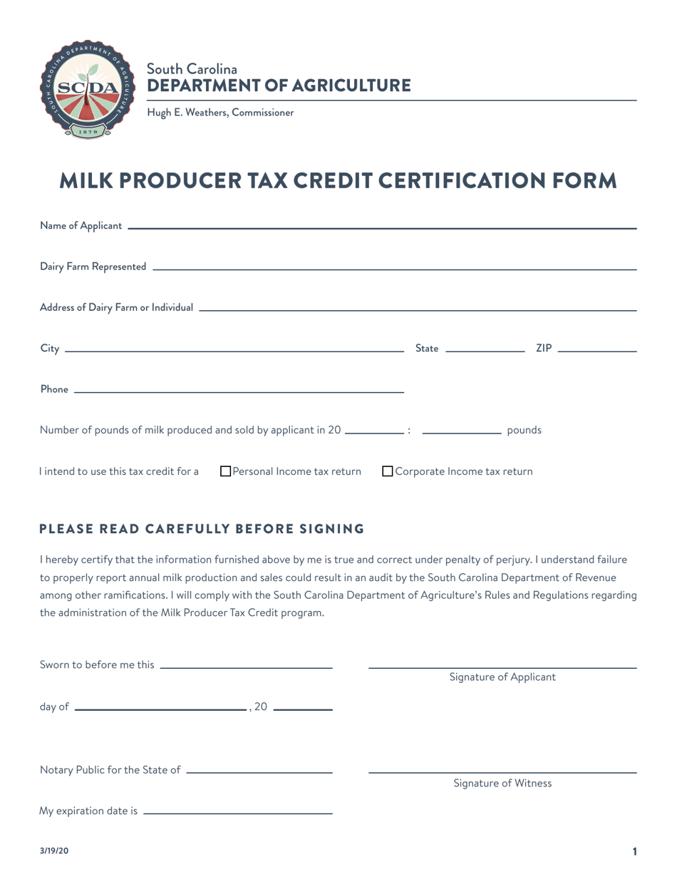Milk Producer Tax Credit Certification Form - South Carolina, Page 1