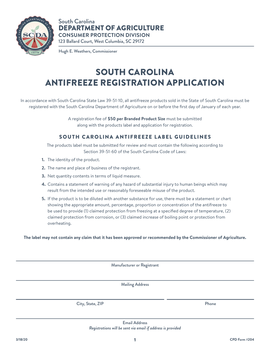 CPD Form 204 South Carolina Antifreeze Registration Application - South Carolina, Page 1