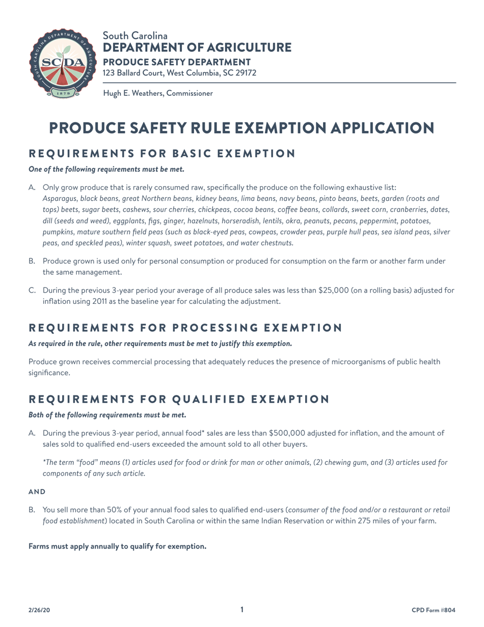 CPD Form 804 Produce Safety Rule Exemption Application - South Carolina, Page 1