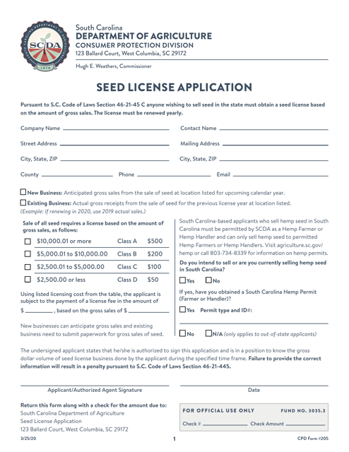 CPD Form 205 Seed License Application - South Carolina