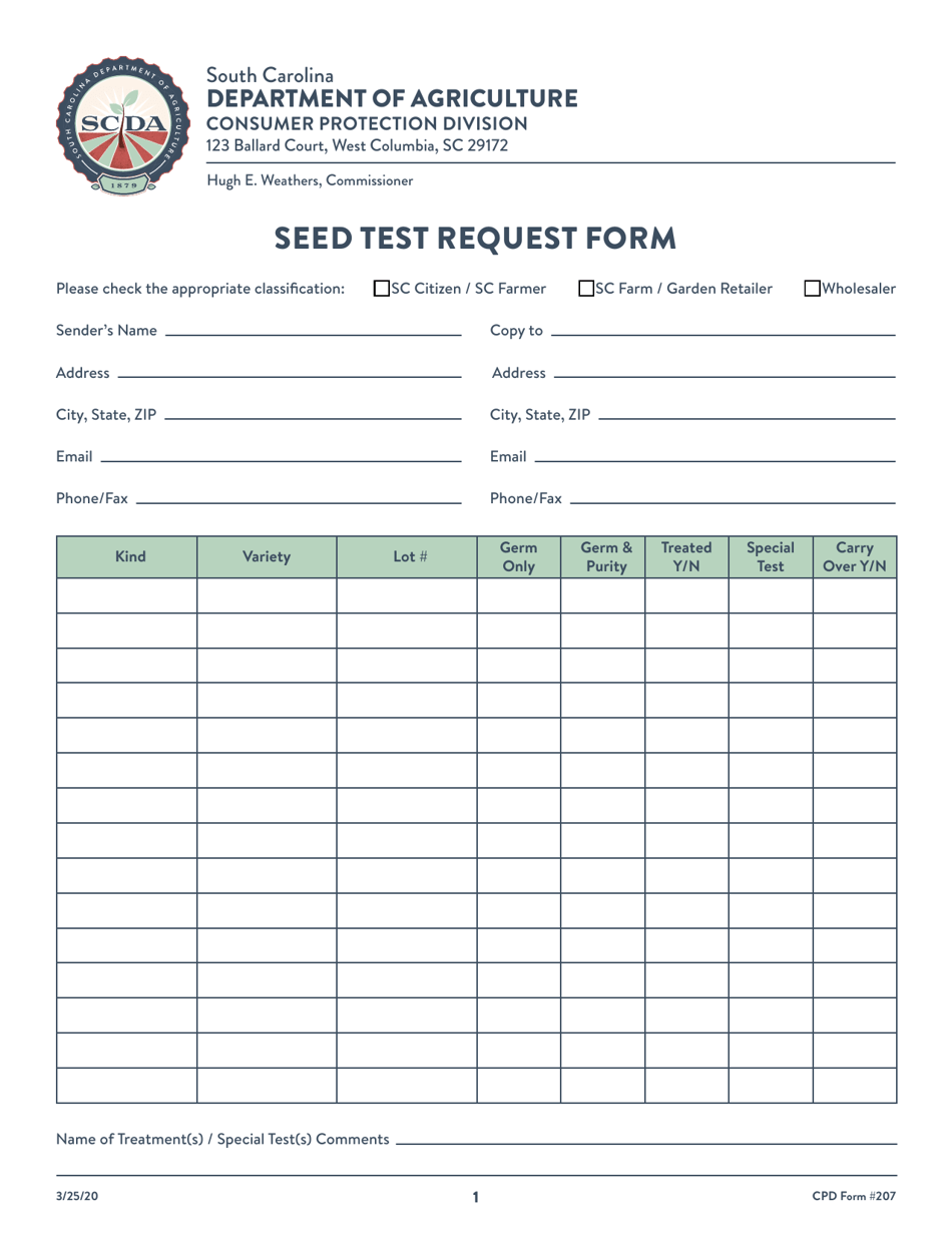 CPD Form 207 Seed Test Request Form - South Carolina, Page 1