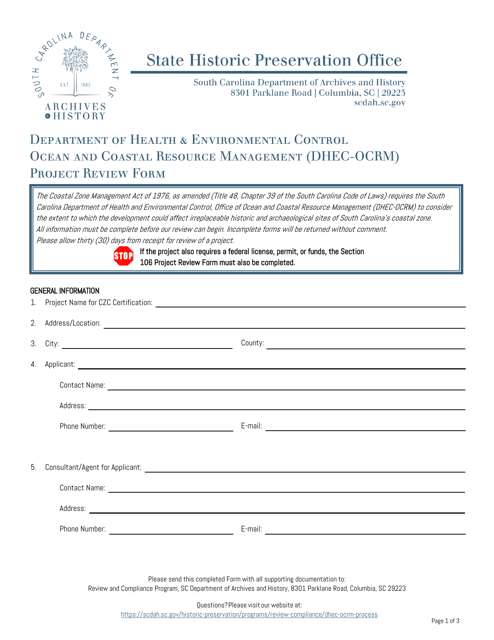 Department of Health & Environmental Control Ocean and Coastal Resource Management (Dhec-Ocrm) Project Review Form - South Carolina