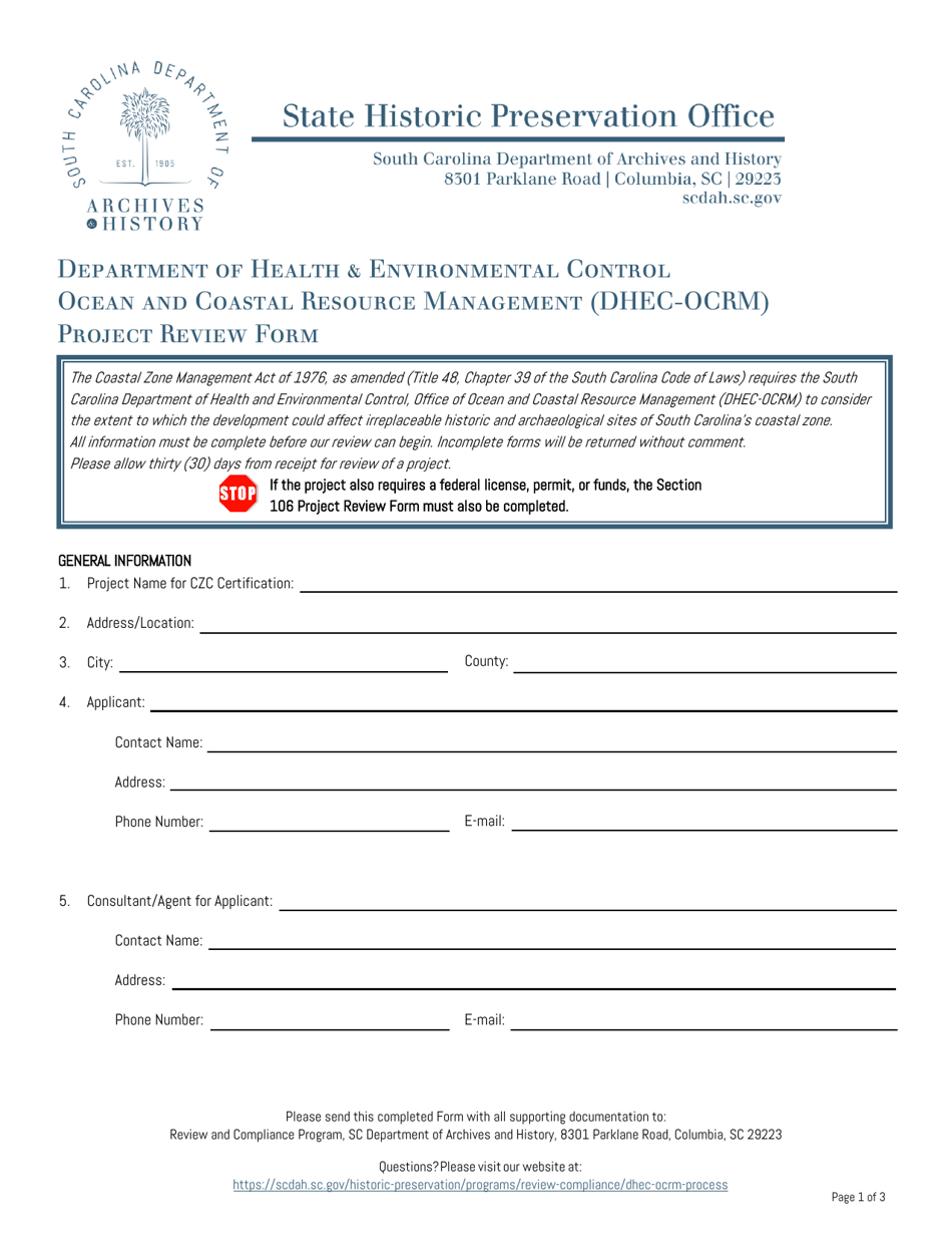 Department of Health  Environmental Control Ocean and Coastal Resource Management (Dhec-Ocrm) Project Review Form - South Carolina, Page 1