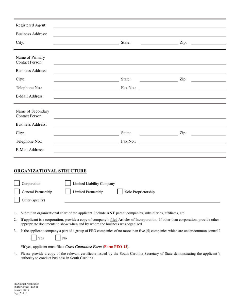 SCDCA Form PEO-01 Professional Employer Organization Initial License Application - South Carolina, Page 2