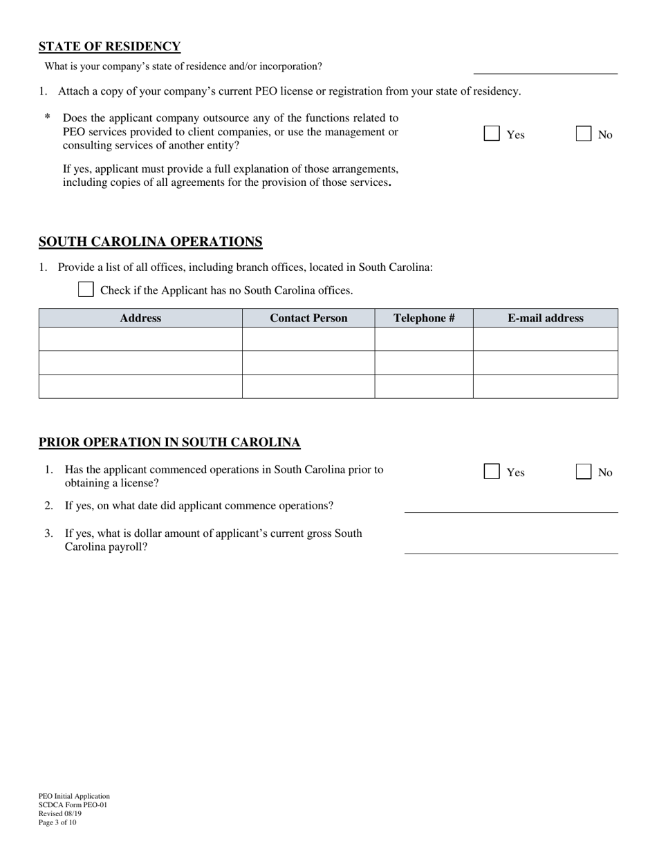 SCDCA Form PEO-01 Professional Employer Organization Initial License Application - South Carolina, Page 3