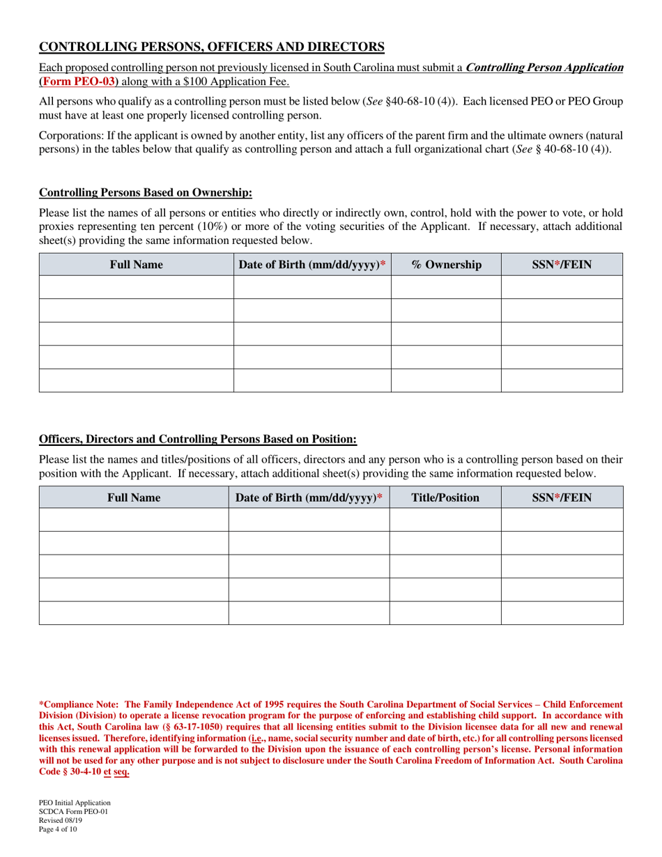 SCDCA Form PEO-01 Professional Employer Organization Initial License Application - South Carolina, Page 4