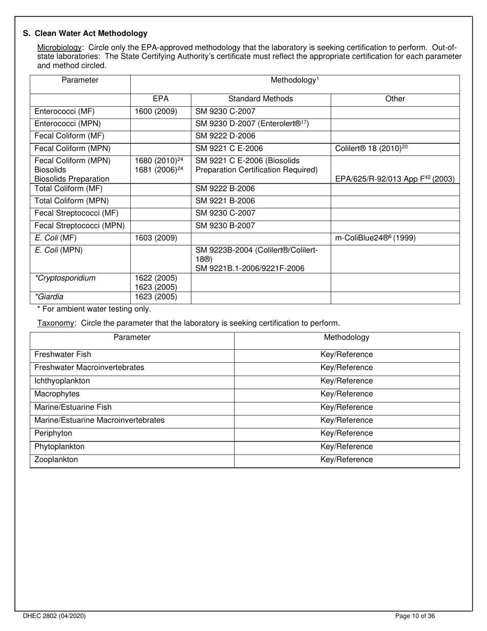 DHEC Form 2802 Application for Environmental Laboratory Certification - South Carolina, Page 10