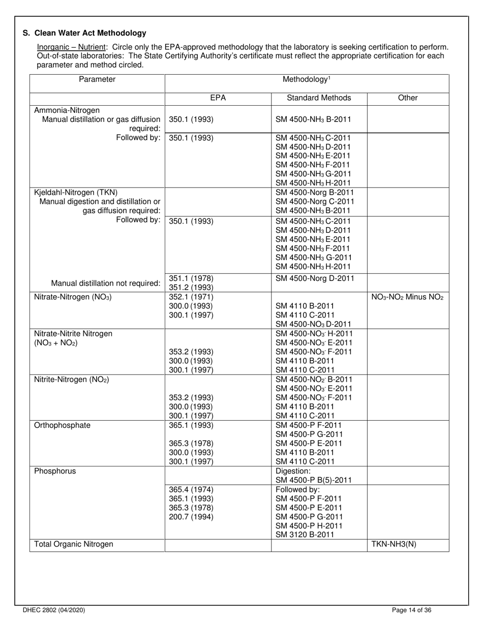 DHEC Form 2802 Application for Environmental Laboratory Certification - South Carolina, Page 14