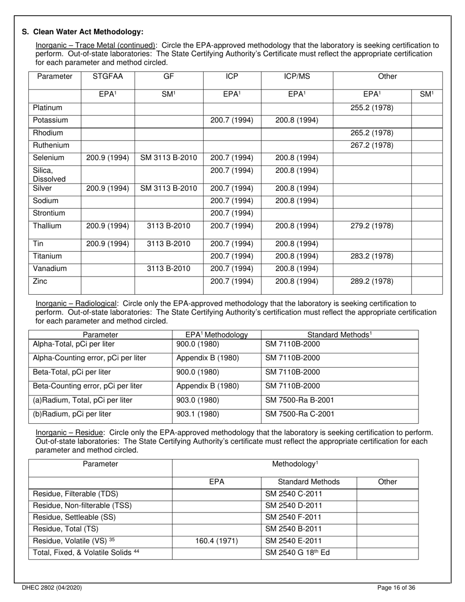 DHEC Form 2802 Application for Environmental Laboratory Certification - South Carolina, Page 16