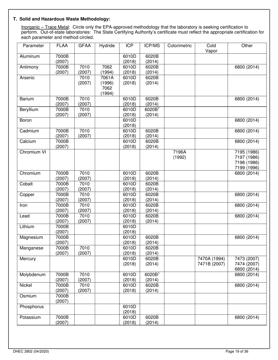 DHEC Form 2802 Application for Environmental Laboratory Certification - South Carolina, Page 19