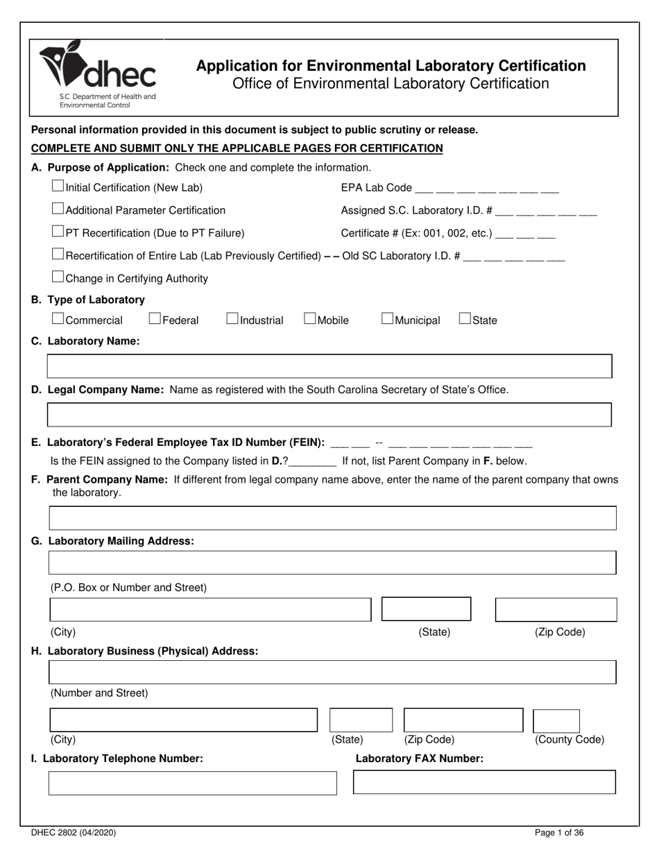 DHEC Form 2802 Application for Environmental Laboratory Certification - South Carolina, Page 1