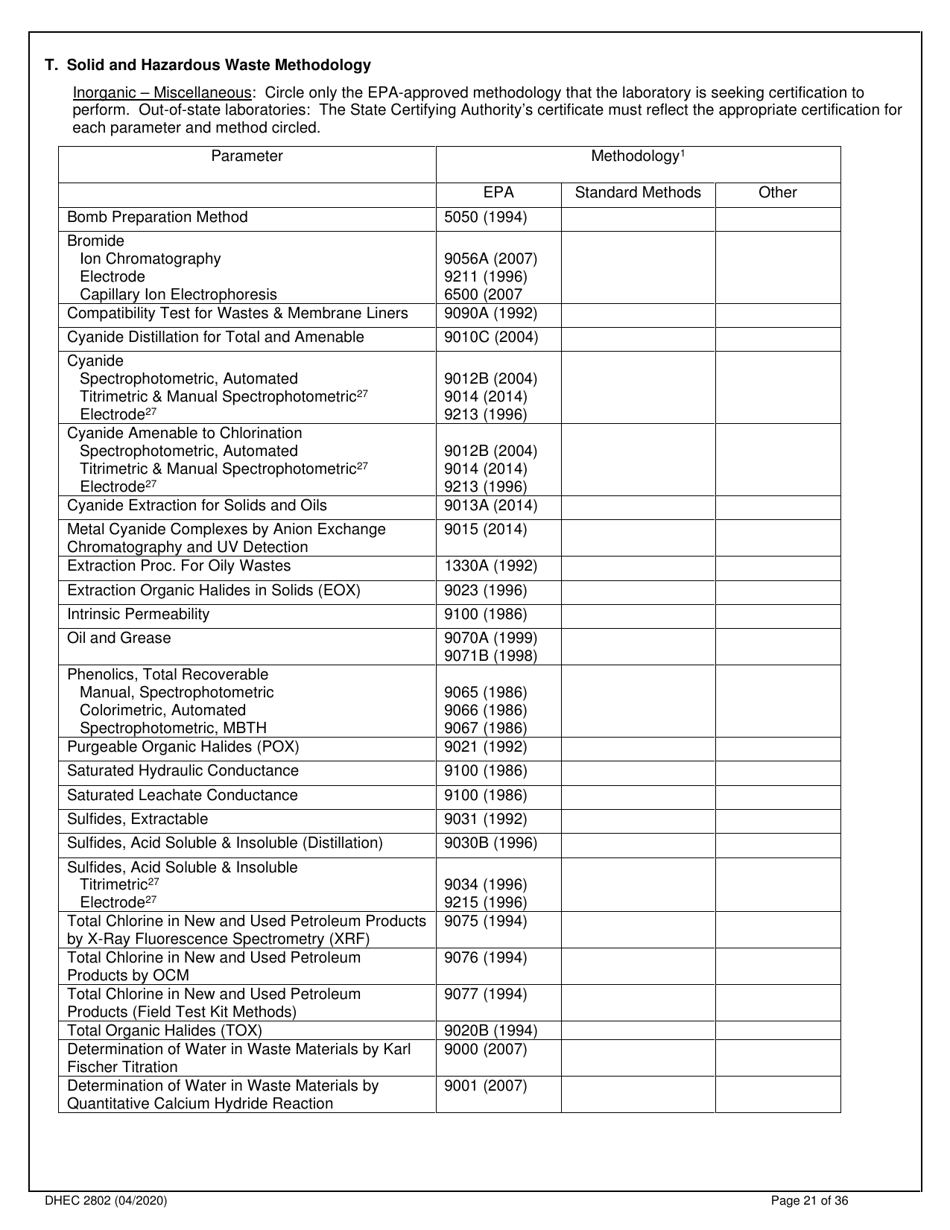 DHEC Form 2802 Application for Environmental Laboratory Certification - South Carolina, Page 21