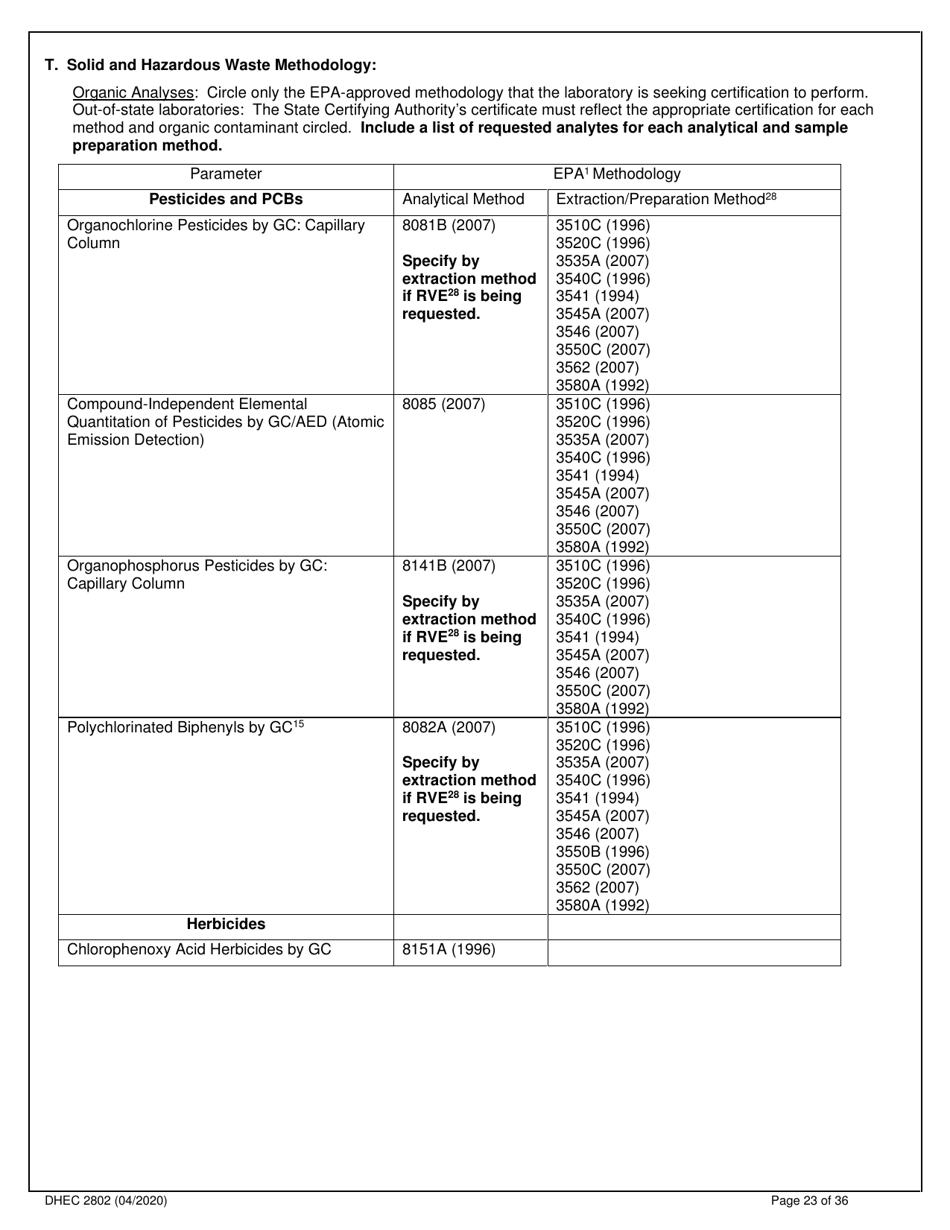 DHEC Form 2802 Application for Environmental Laboratory Certification - South Carolina, Page 23
