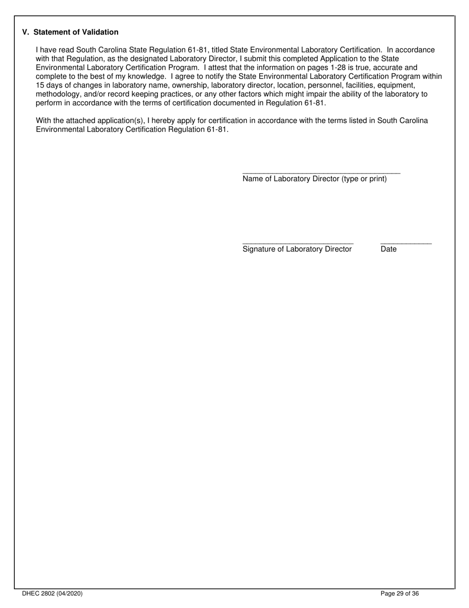 DHEC Form 2802 Application for Environmental Laboratory Certification - South Carolina, Page 29